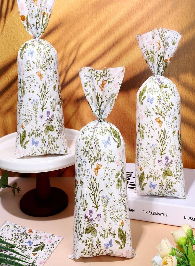 Whaline 100Pcs Vintage Spring Wildflower Cellophane Treat Bags with Twist Ties Retro Botanical Floral Plastic Candy Goodie Party Favor Bags for Wedding Birthday Baby Shower - Image 3